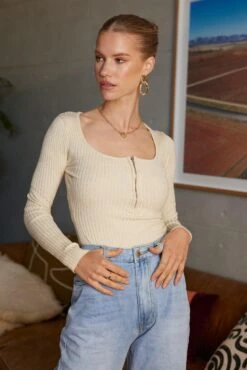 Reverse Sale Store -Reverse Sale Store Carisa Knit Bodysuit Beige Tops womens clothing 2