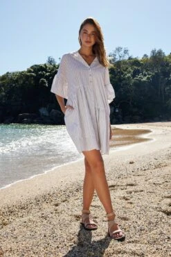 Hazelle Dress - Beige Stripe 14 Hazelle Dress - Beige Stripe -Reverse Sale Store Hazelle Dress Beige Stripe Dresses womens dresses womens clothing 5